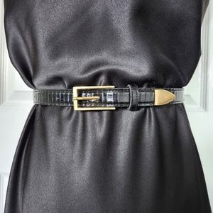 Thin Embossed Faux Leather Black Belt